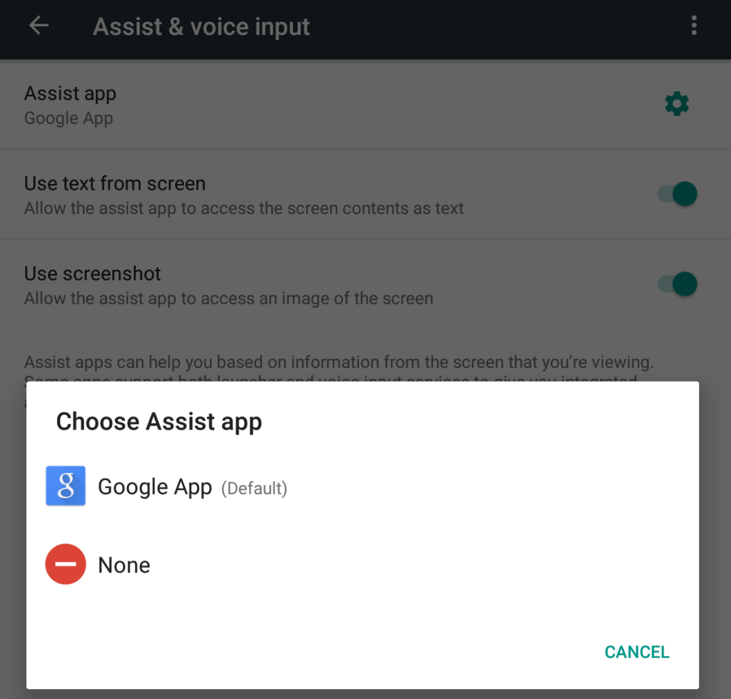 Here you can select the assist app you want to use (or none)