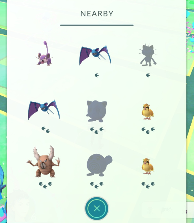 Pokemon GO's nearby feature back when it worked. Paw prints indicate approximate distance.