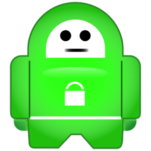 Private internet access logo which features a green robot with a blank face and a padlock on its stomacht