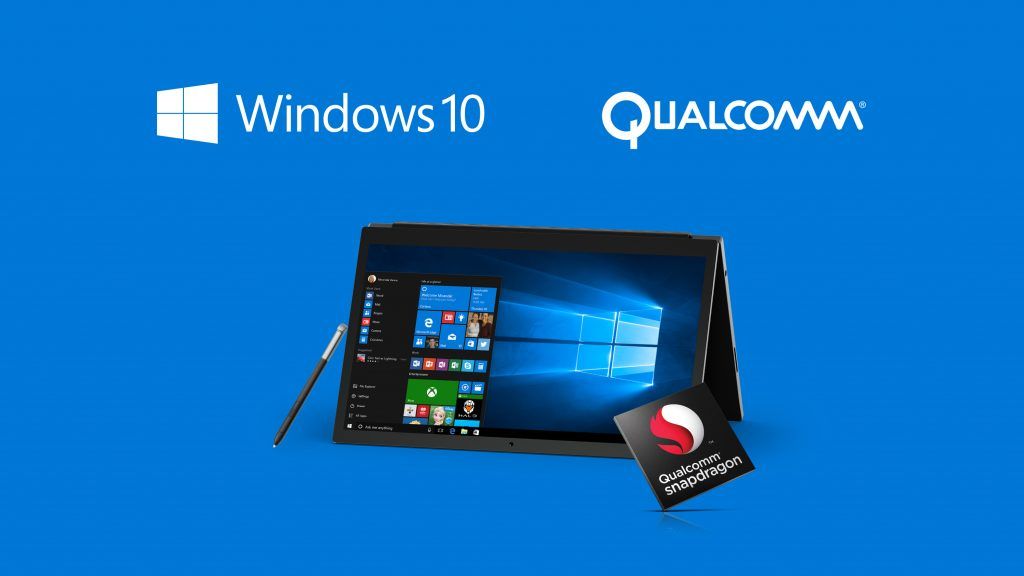 Windows 10 and Qualcomm logos with convertible laptop on blue background