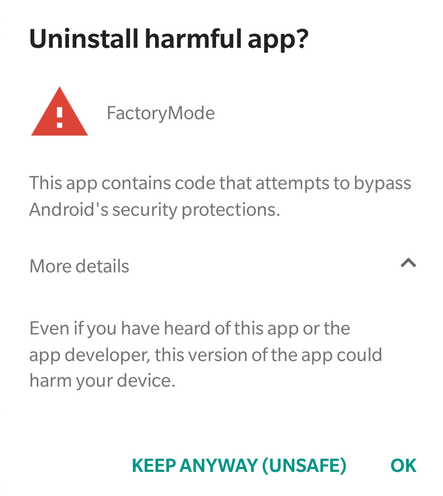 OnePlus 3 FactoryMode warning from Play Protect on OxygenOS 5.0.1