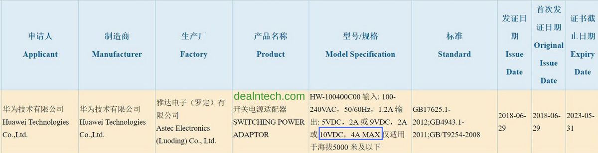 Huawei Power Adapter 10V/4A 3C Certification