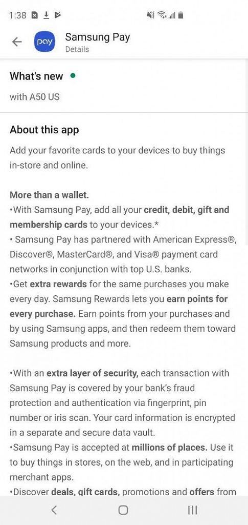 Samsung Pay app Galaxy A50 changelog
