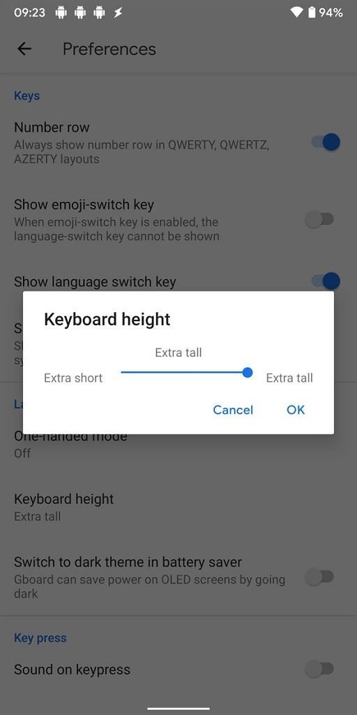 Gboard 8.7.2 beta keyboard height options