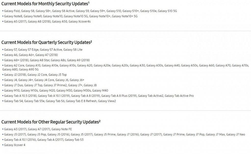 Samsung Android security update list