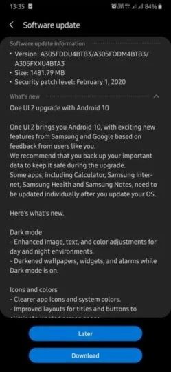 Samsung Galaxy A30 Android 10/One UI 2.0 update