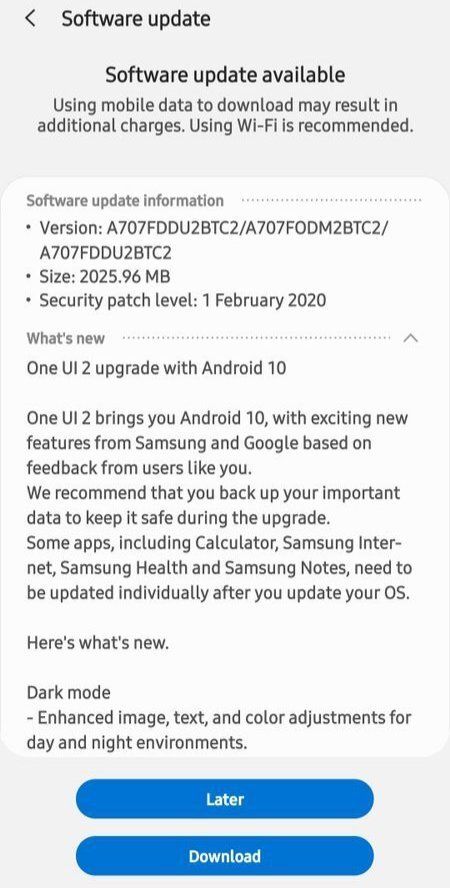 Samsung Galaxy A70s One UI 2.0 update