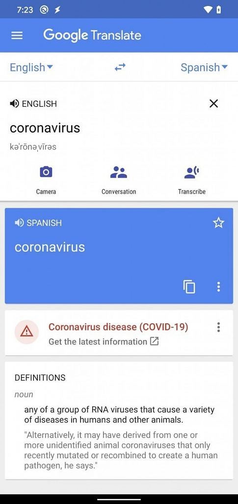 Google Translate 6.8 COVID-19 warning card