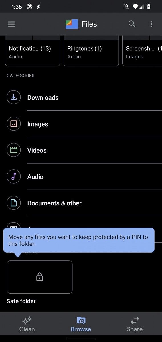 Files by Google tests a "Safe Folder" that protects files with a 4