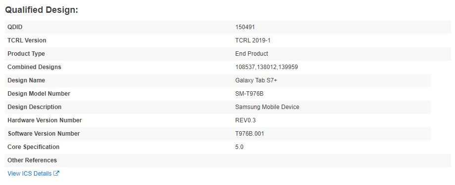 Samsung Galaxy Tab S7+ Bluetooth SIG listing