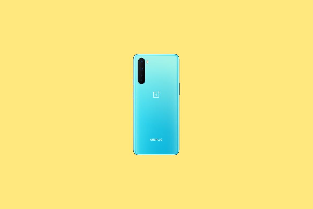 OnePlus Nord in blue colorway on yellow background