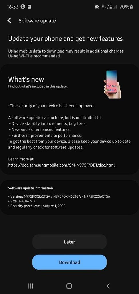 Samsung Galaxy Note 10 series August 2020 security patches