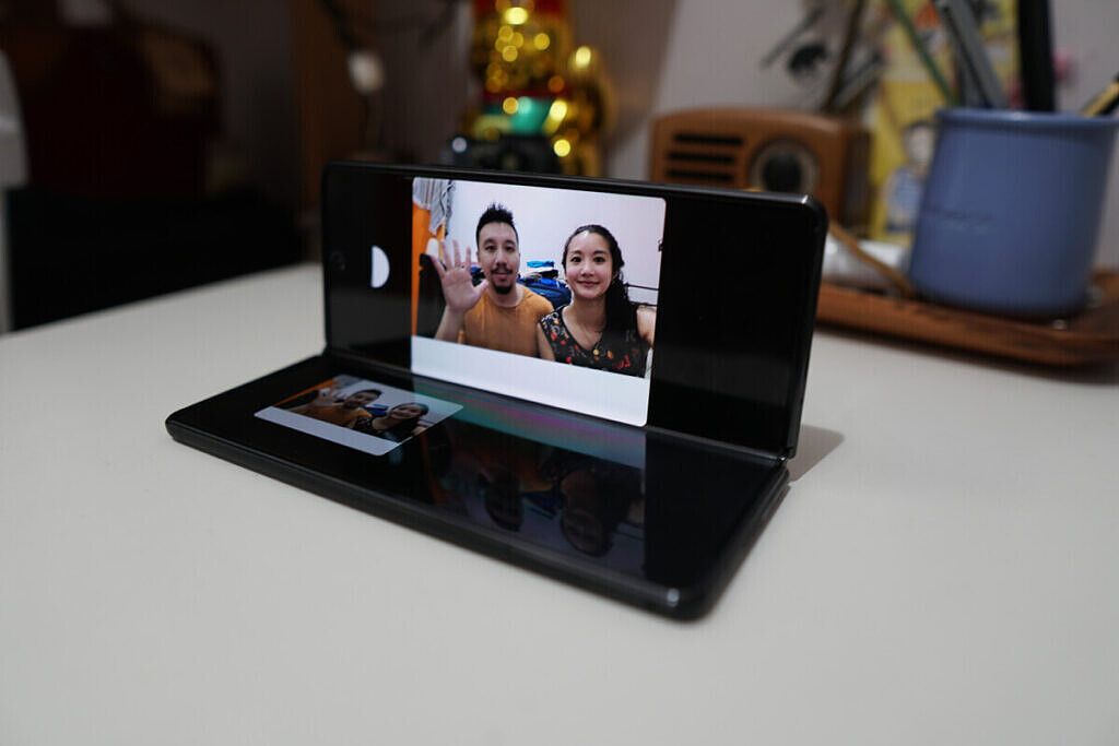 The Z Fold 2 in Flex Mode, which allows video calls.