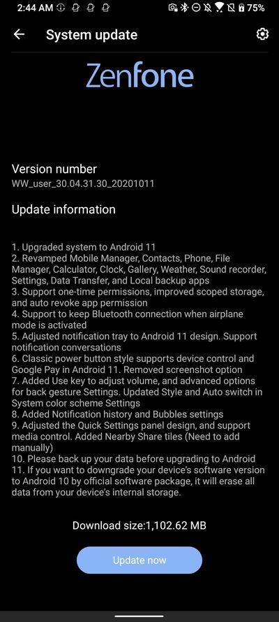 ASUS ZenFone 7 Pro Android 11 Beta Changelog
