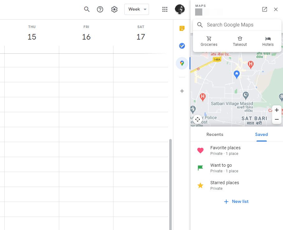 Maps interface in Google Calendar side panel