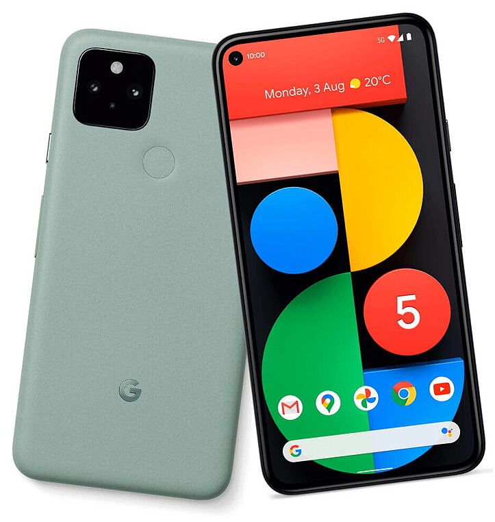 A product render of the Google Pixel 5 in green.