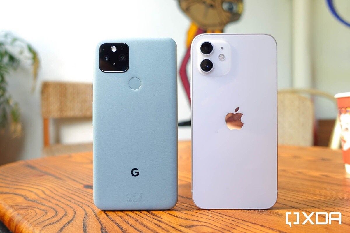 iPhone 12 in white and Google Pixel 5 in green.