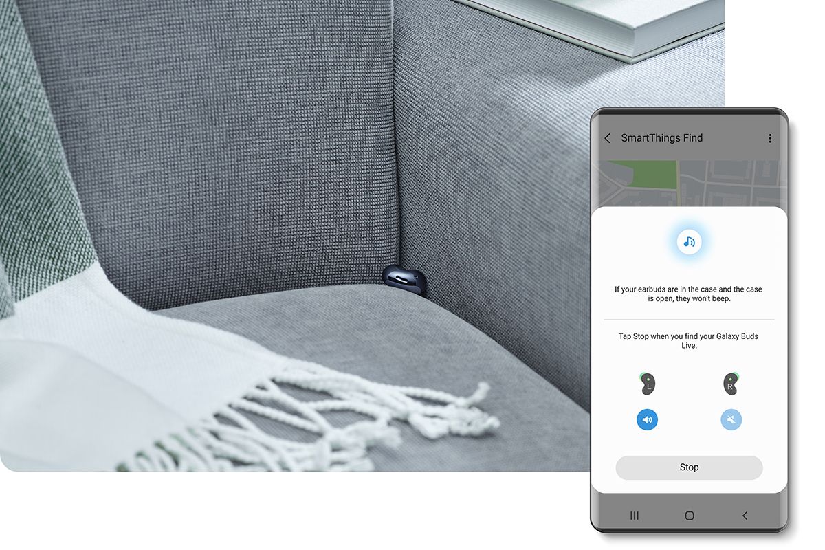 Samsung SmartThings Find on a demo smartphone with the misplaced Galaxy Buds Live in the background