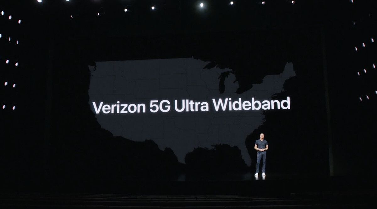 Apple iPhone 12 5G event – Verizon Ultra wideband logo on stage to showcase the fastest 5g speeds