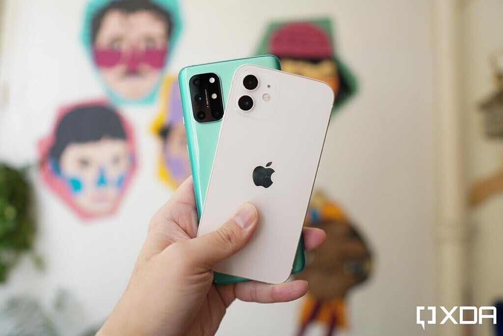white Apple iPhone 12 and green OnePlus 8T