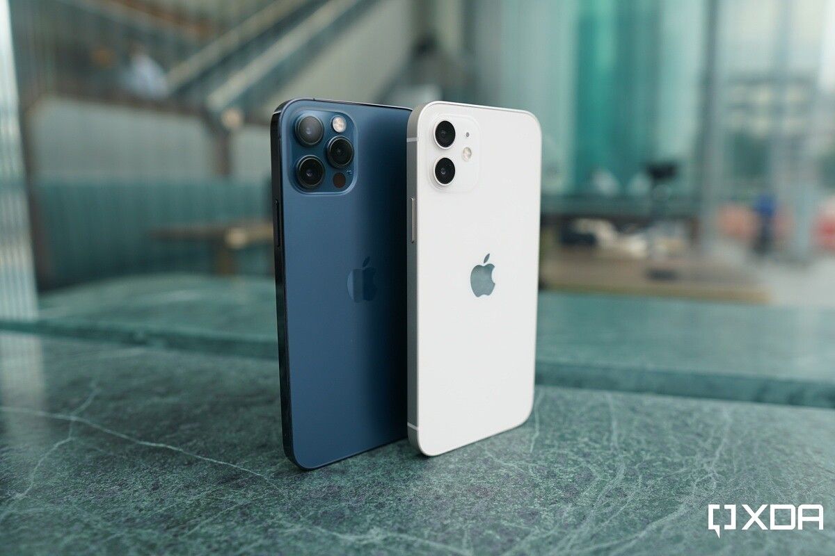 Blue iPhone 12 Pro and white iPhone 12