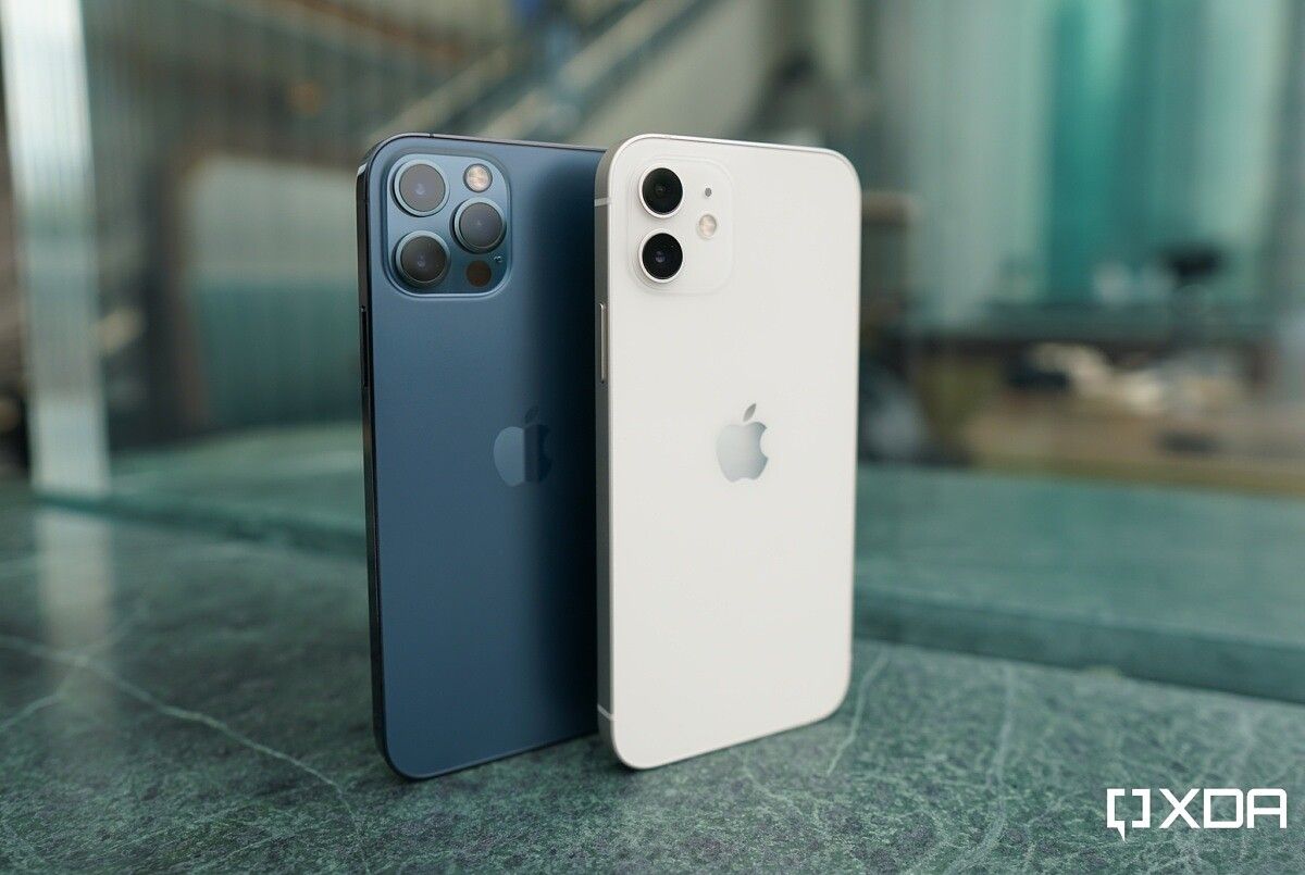 iphone 11 and iphone 12 on table with blurred background