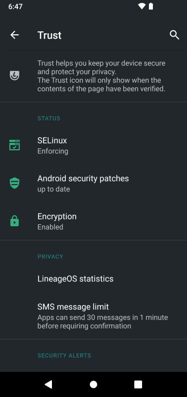 Menú de confianza de LineageOS 17.1 que muestra SELinux, parche de seguridad y estado de cifrado