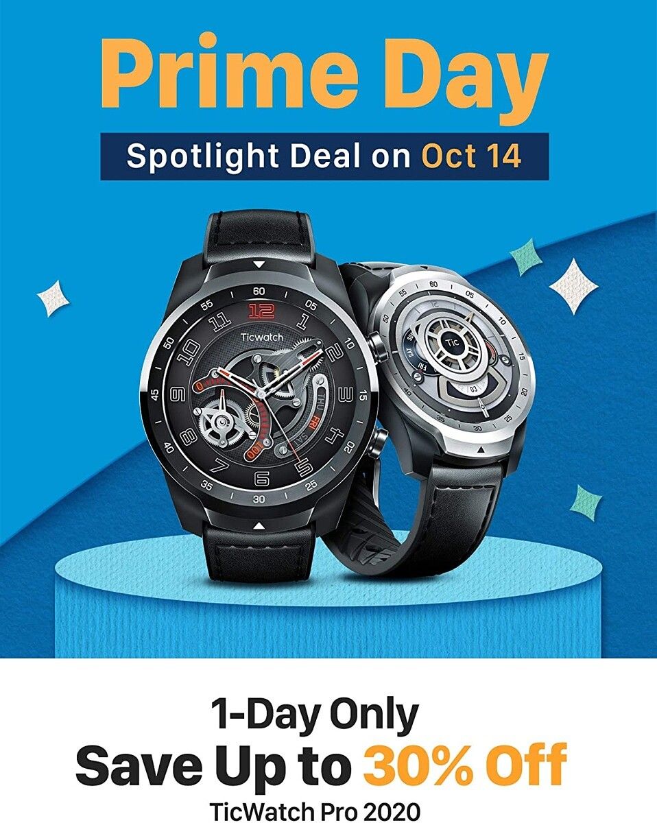 prime day 2020 ticwatch banner ticwatch pros on blue background