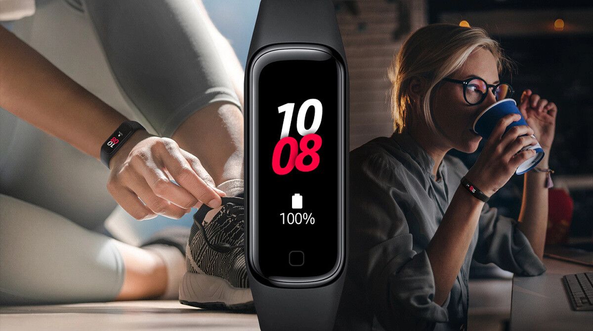 samsung galady fit 2 worn on wrist while tying shoes and drinking coffee