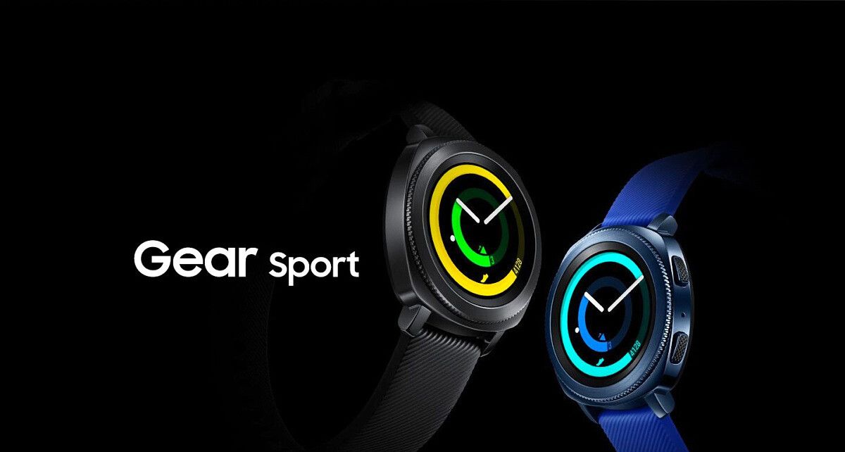 sansung gear sport smartwatches in black and blue on black background
