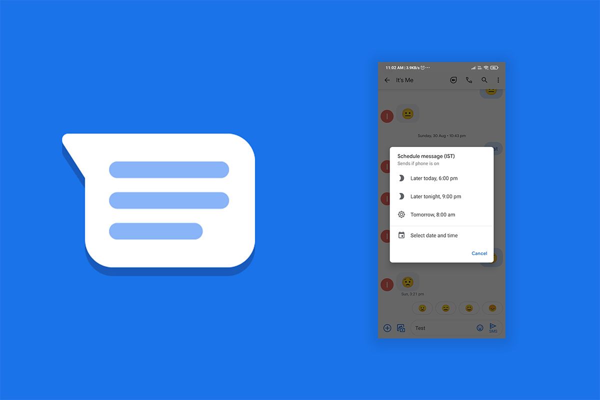 Screenshot of message scheduling in Google Messages next to app logo on blue background