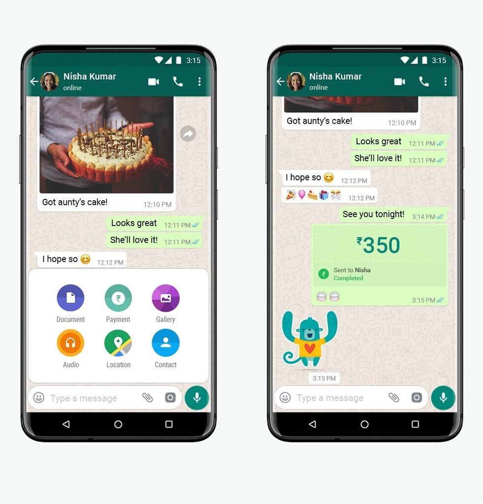 Screenshots showing WhatsApp UPI payments