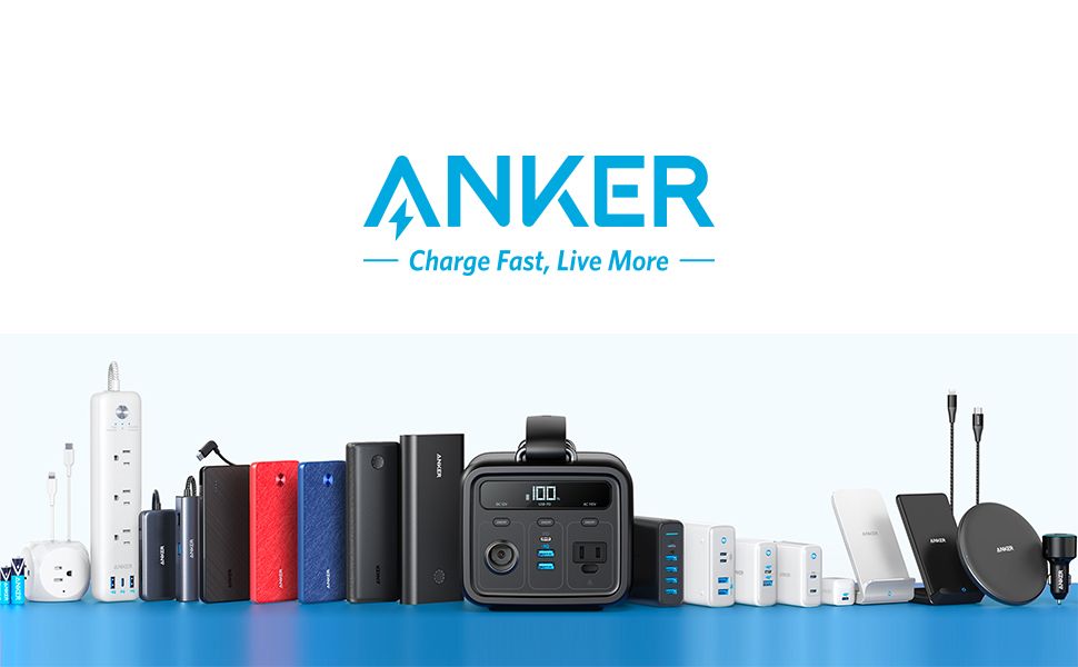 anker products lined up on a blue table