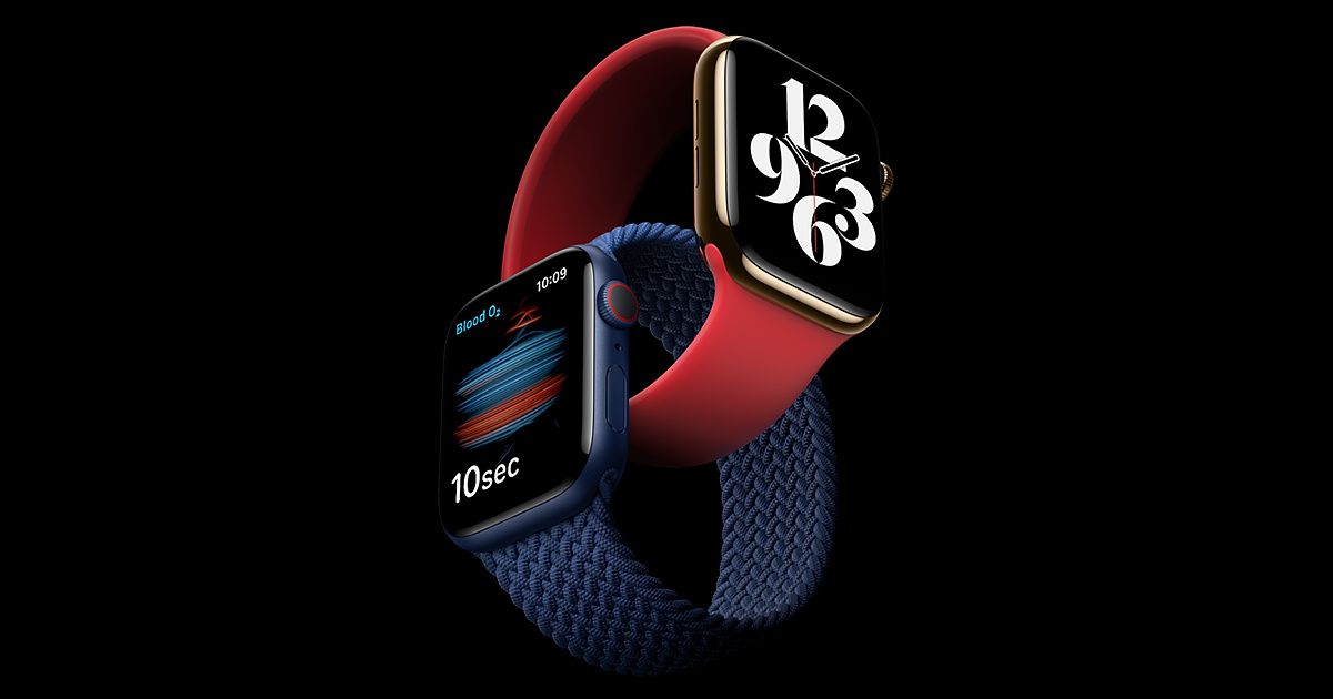 apple watch series 6 in red and blue on black background