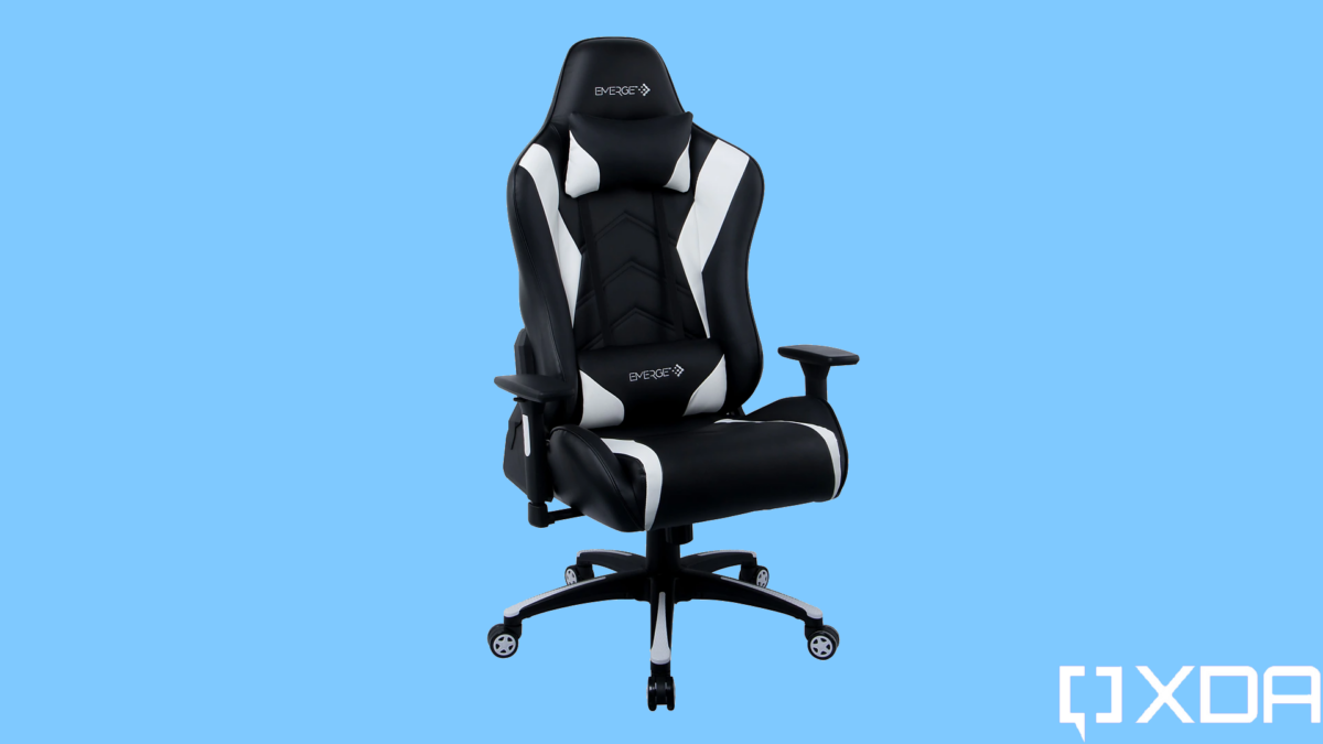 emerge vartan white/black gaming chair on blue xda background