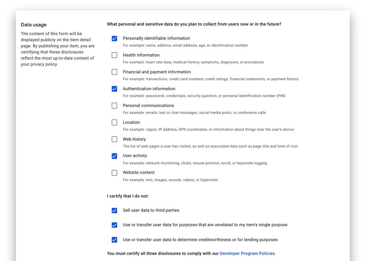Google Chrome extensions privacy policy