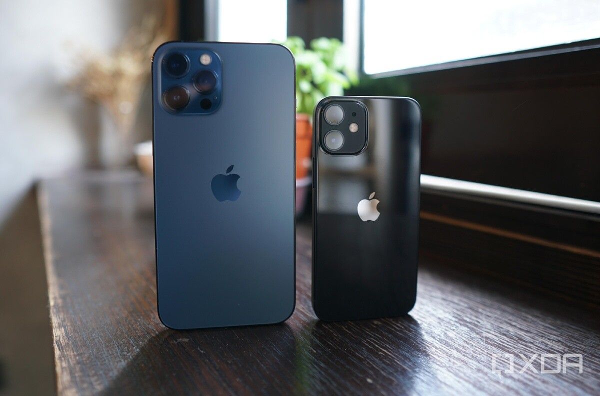 The iPhone 12 Pro Max in blue and iPhone 12 Mini in black