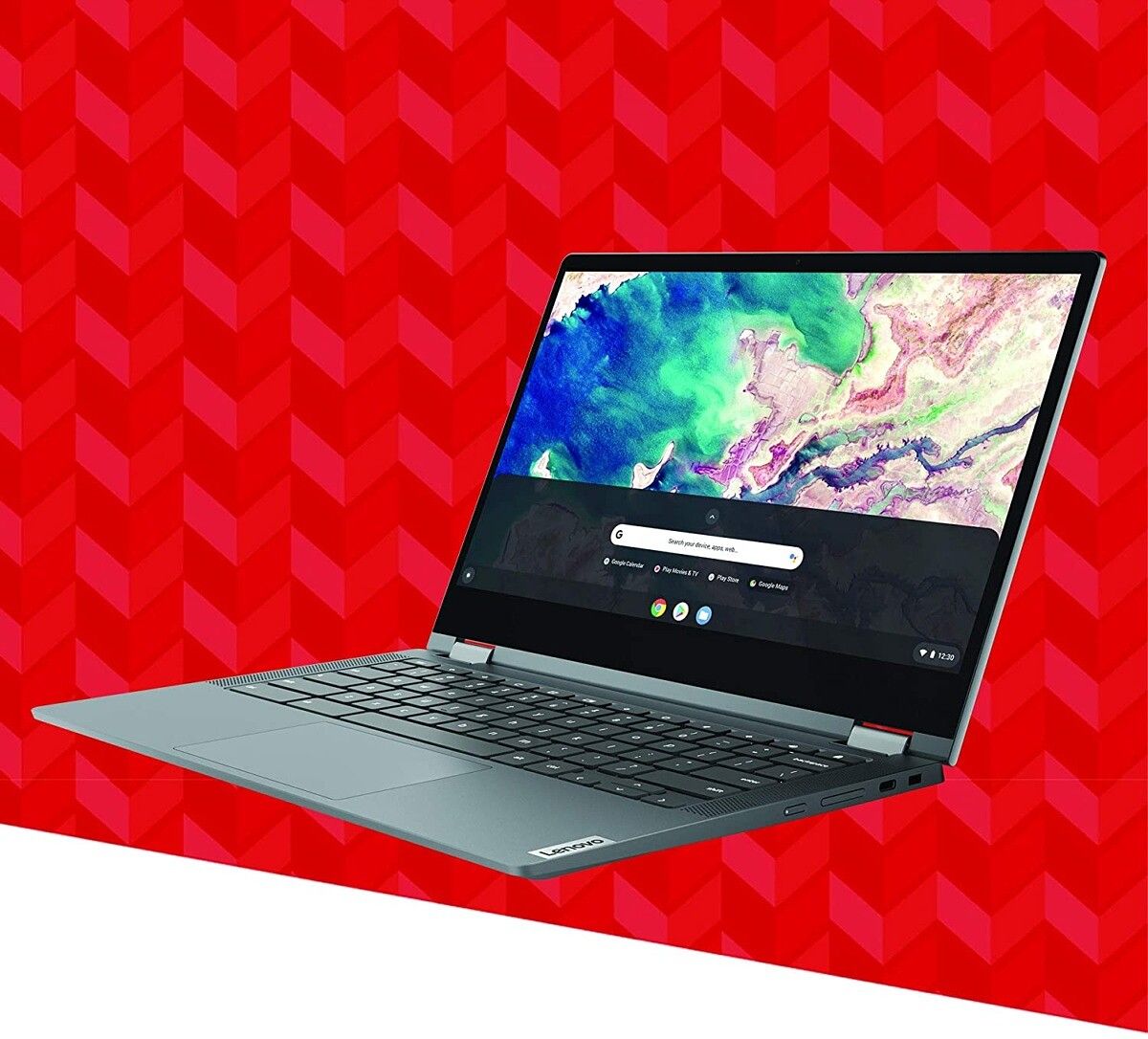 Lenovo Chromebook Flex 5 on red zigzag background