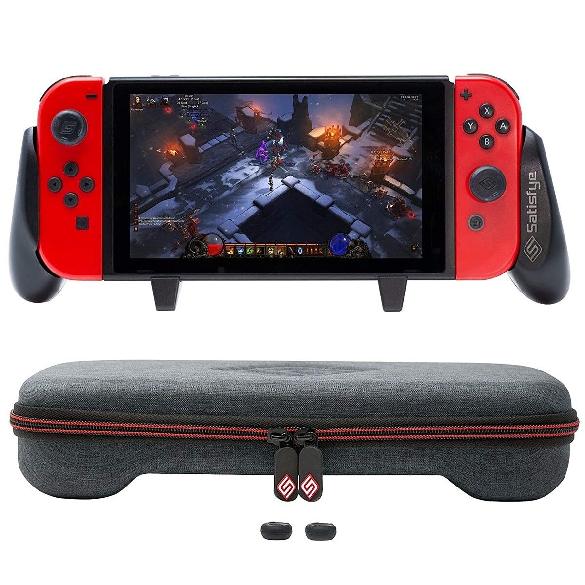 One small problem with Switch grips is that they don't really fit the Switch cases you can buy. Resolve that issue by getting the Satisfye grip and case bundle. The case allows you to store ten extra Switch games while protecting the screen.