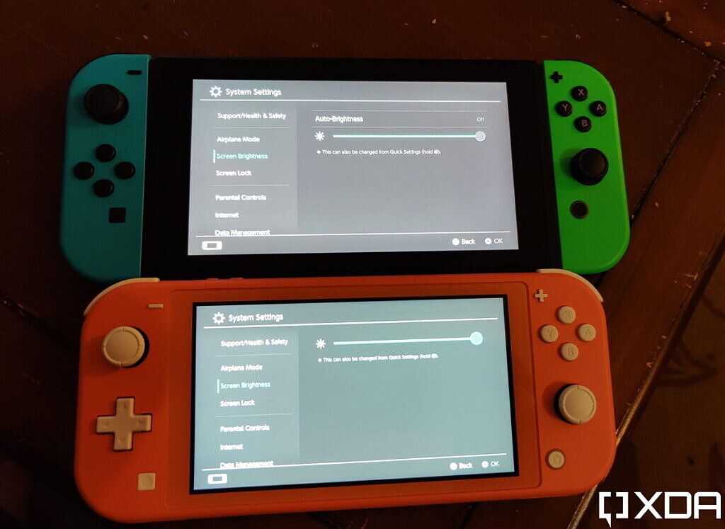 switch and switch lite on max brightness, next to each other
