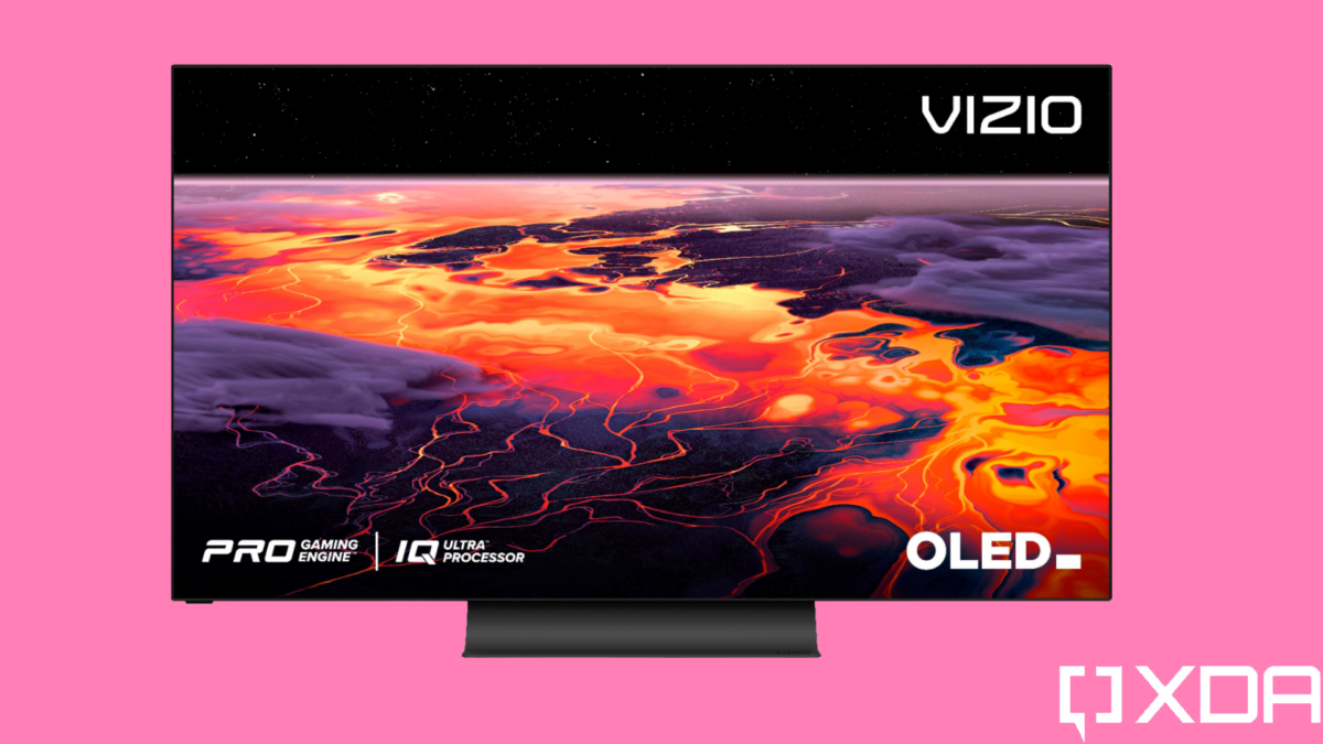 XDA Vizio 55-inch OLED Smart TV on pink background