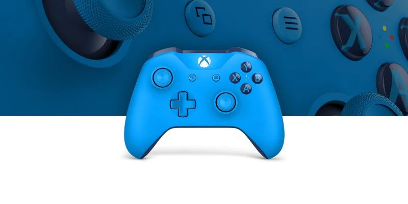 xbox wireless controller blue against white background and close up picture of controller