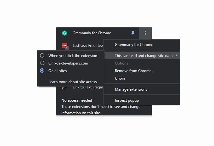 Grammarly Chrome extension set website access