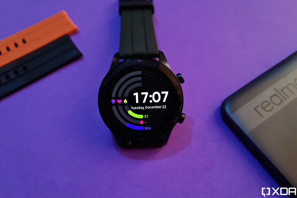 Realme Watch S Pro watch face on purple background