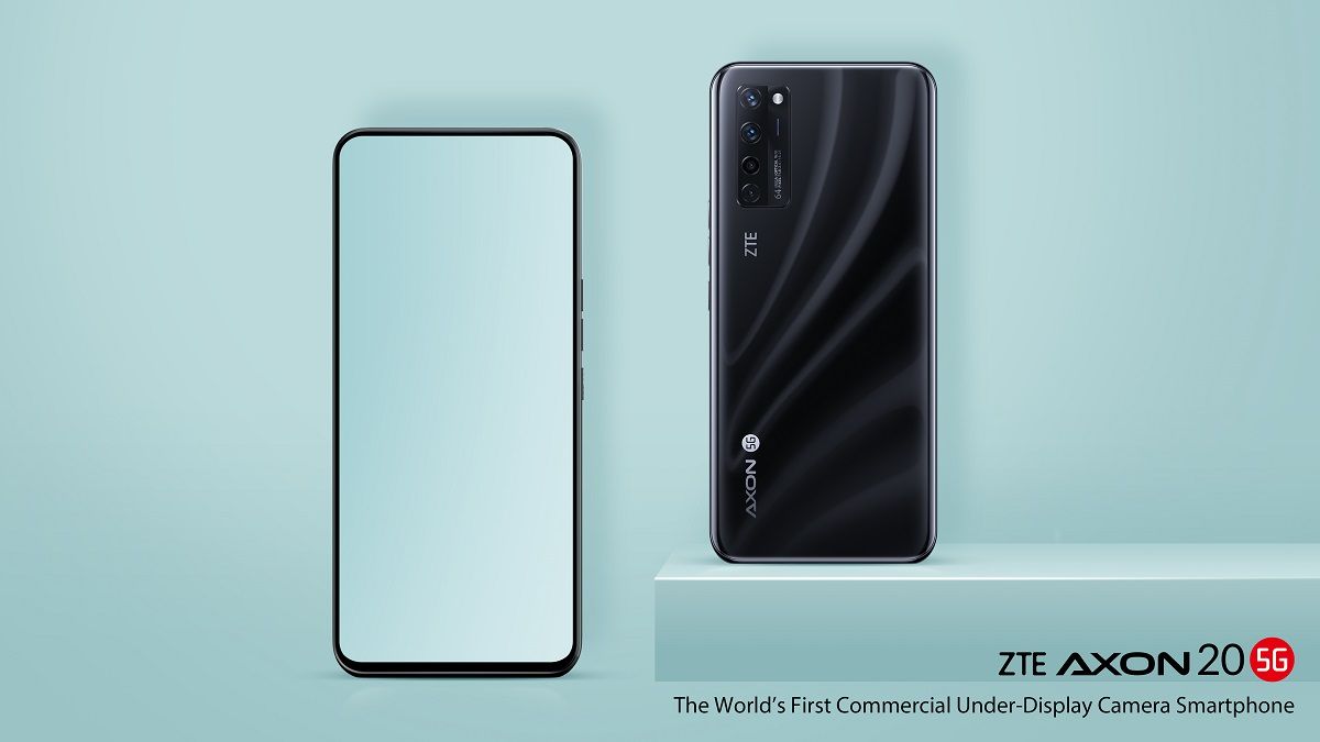 ZTE Axon 20 5G front and back on blue background