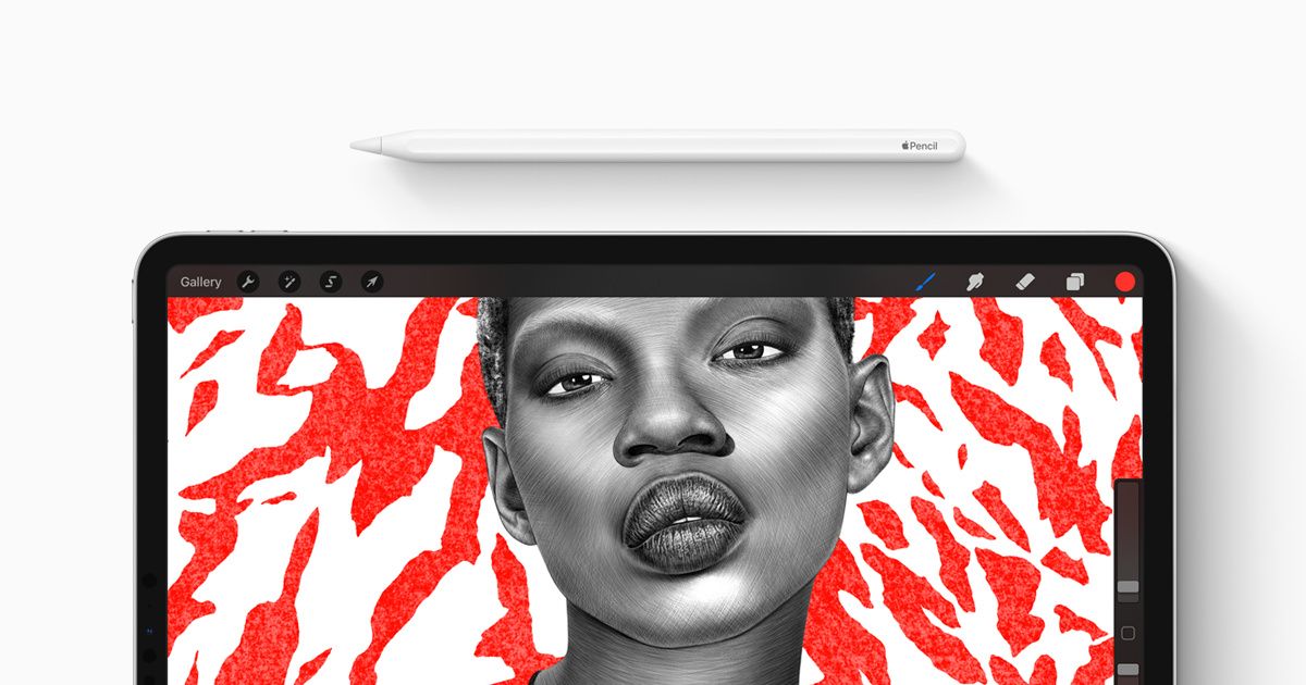 Apple Pencil set above drawing on iPad on white background