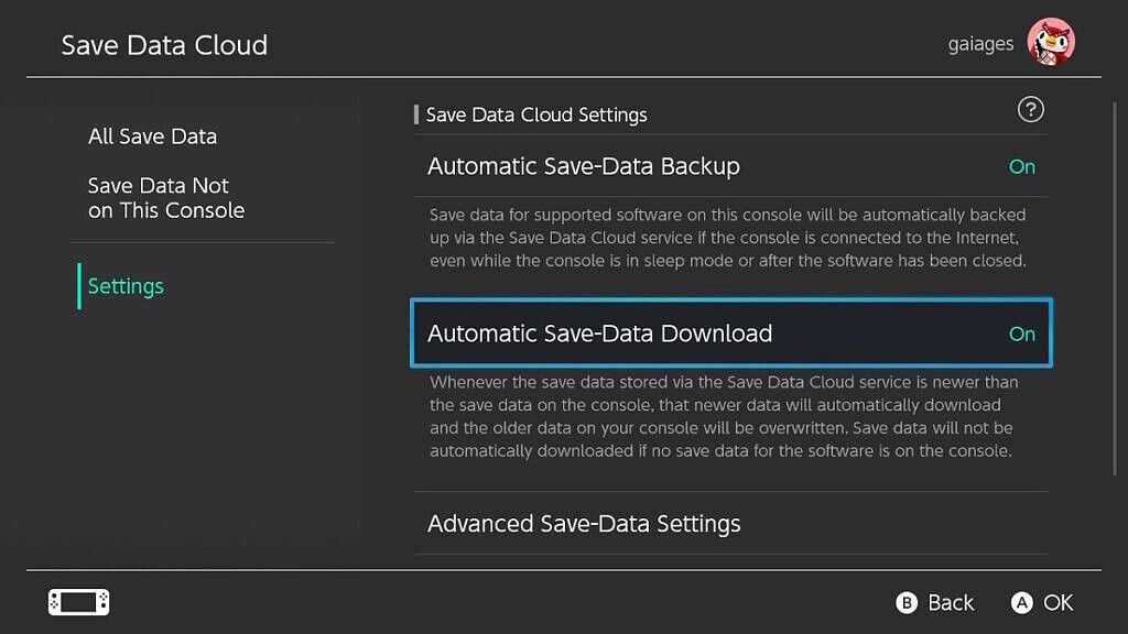Switch settings for save data cloud