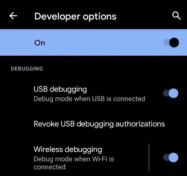 Android 11 USB debugging and wireless debugging