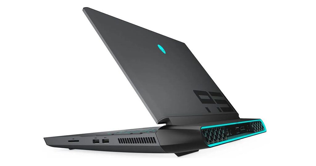 An Alienware Area 51m gaming laptop seen at an angle from the back