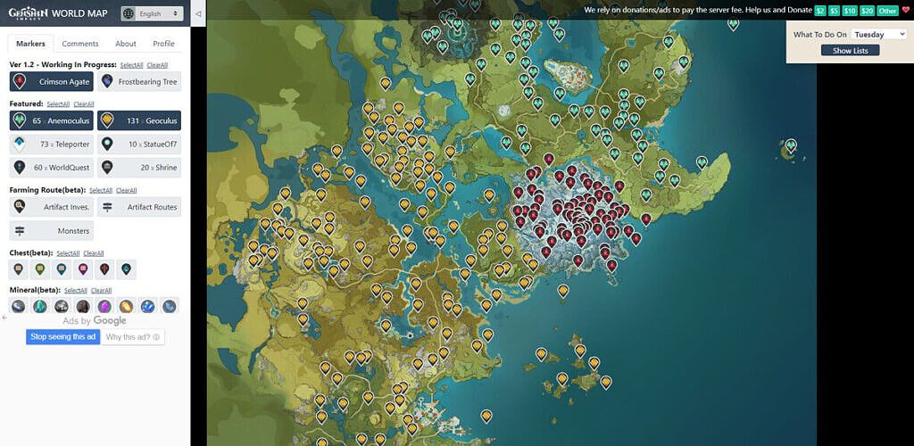 Mapa interactivo de Genshin Impact que muestra las ubicaciones de Anemoculus, Geoculus y Crimson Agates